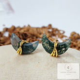 Natural Moss Agate Stud Earrings, Moon Shape Crystal Earrings, Healing Crystal Studs, Women Earrings, Gemstone Earrings, Green Gemstone Stud
